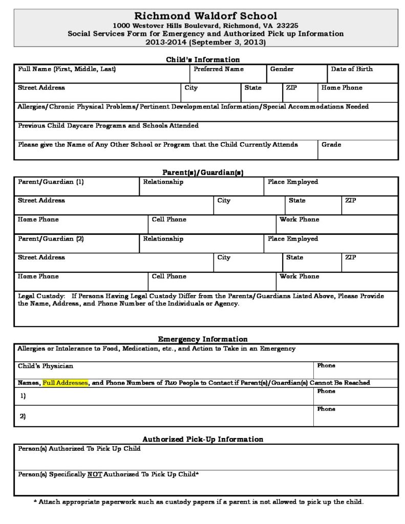 Social Services Emergency Form 2013-2014 - Richmond Waldorf School